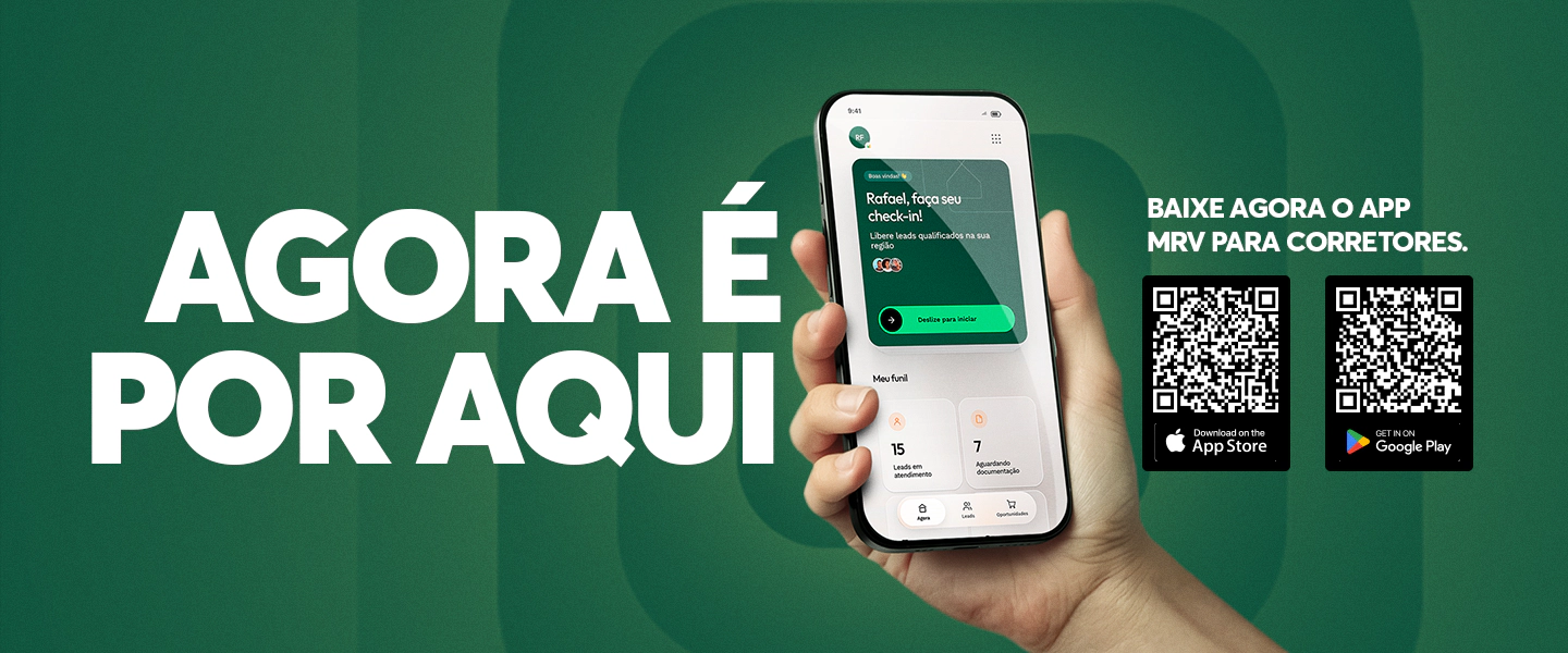 Mostra mão segurando smartphone aberto no app MRV para corretores.